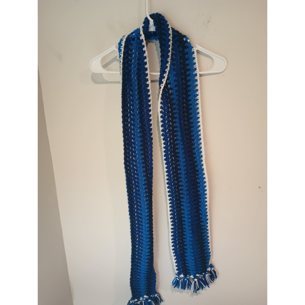 Hand Crocheted Blue Striped Long Scarf Fringe Tassels Soft Warm Winter Cozy
